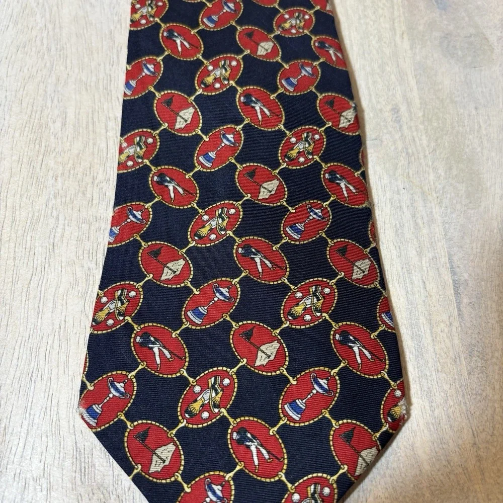 Tommy Hilfiger Adult Tie Red Golfer Golf 100% Italian Silk‎ Made in USA Men's